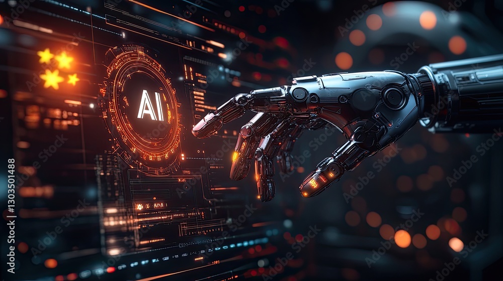 Poster futuristic robotic hand interacting with advanced ai technology interface.