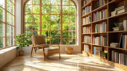 Sun-kissed library room with tall shelves, neatly arranged books, and a classic aesthetic.