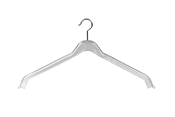 A clear plastic hanger resting on a white surface, designed for modern storage solutions at home isolated on transparent background