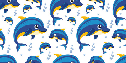 Seamless pattern with cute blue dolphins and bubbles on white background. Cute kids - friendly animal illustration in wonderful sea world concept. For textiles, wallpapers, postcards.