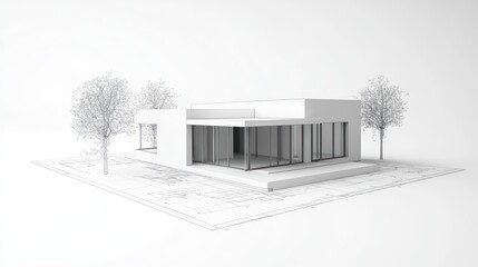 Architectural blueprint of a modern house, with trees in the foreground. Possible use stock photo for architectural design