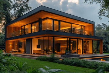 Fototapeta premium Modern sustainable luxury home illuminating the dusk with warm light