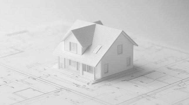 Model house on architectural blueprints. Possible use stock photo for real estate, architecture, design or home planning