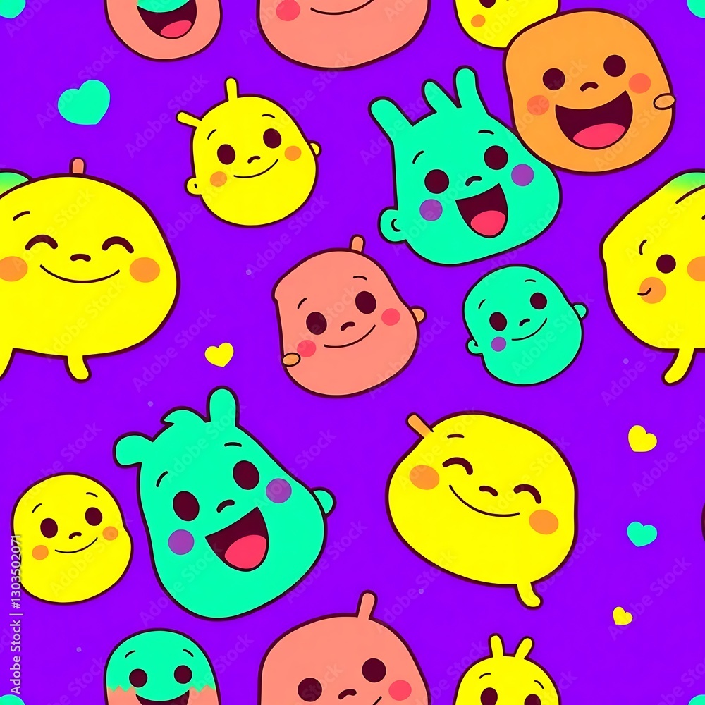 Poster seamless joy: a colorful and playful seamless pattern of happy, cartoonish characters expressing a v