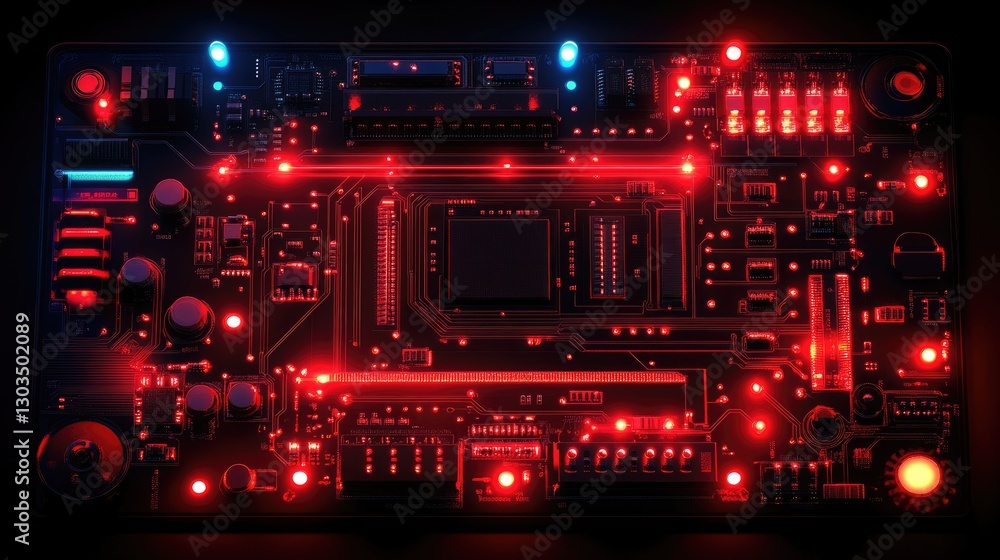 Poster close-up of a glowing circuit board with red lights and intricate components.