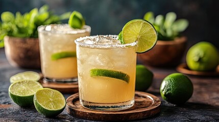 Refreshing margarita cocktails with lime and mint on a wooden table.