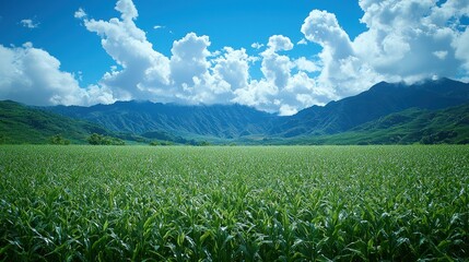 Lush green field, mountains, sunny sky, tranquil landscape