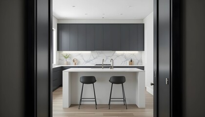 Fototapeta premium Modern Kitchen with White Island and Gray Cabinets