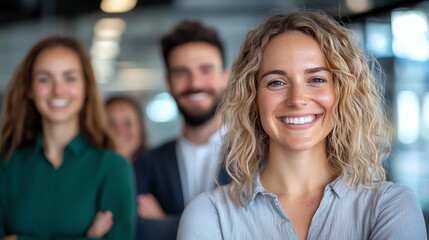 Smiling diverse business team in modern office setting, showcasing teamwork and collaboration. Their positive energy reflects supportive work environment