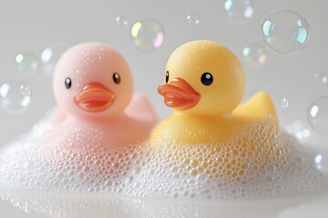 Artistic view of rubber duckies with bubbles on a white surface.