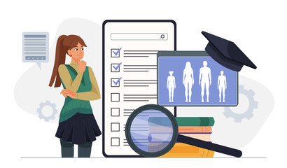 Anatomy lesson in online school. Woman standing near clipboard, magnifying glass and body structure. Remote education and learning. Biology and anatomy studying. Flat vector illustration