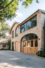 Fototapeta premium Elegant stone house with large windows and wooden accents surrounded by greenery in a serene residential neighborhood during daytime