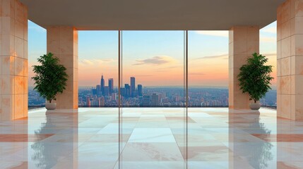 Urban elegance: a wide, polished marble floor space leading to a futuristic skyline.