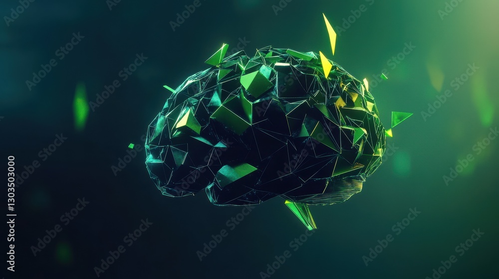 Poster minimalist low poly geometric brain model rendered in 3d with neon accents floating against a dark m