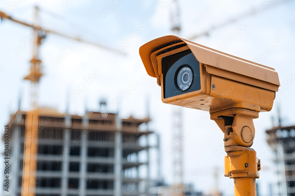 Poster security camera on a construction site. the camera is in focus, while the background shows a buildin