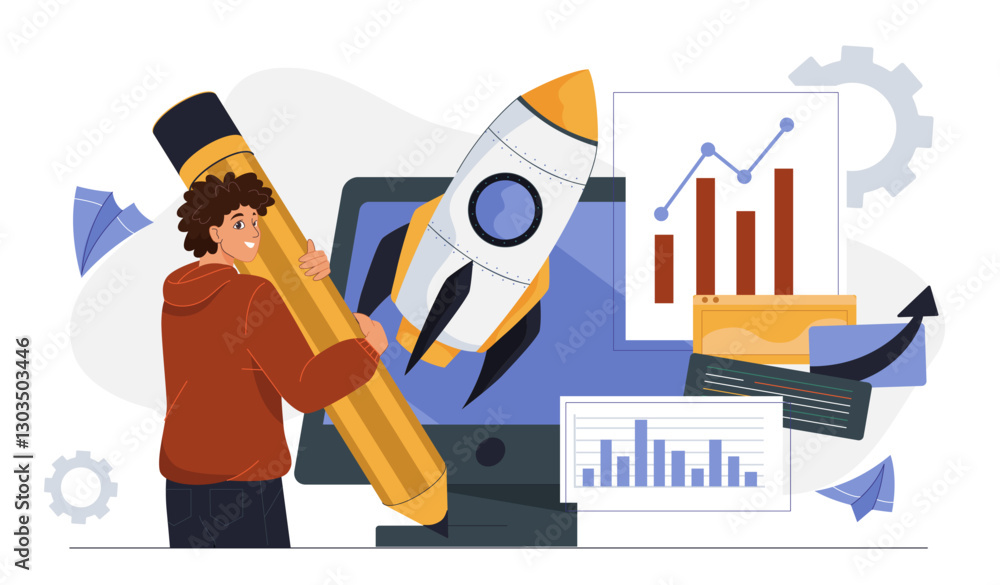 Poster business boost concept. man with large pencil near computer and rocket. start up or business develop