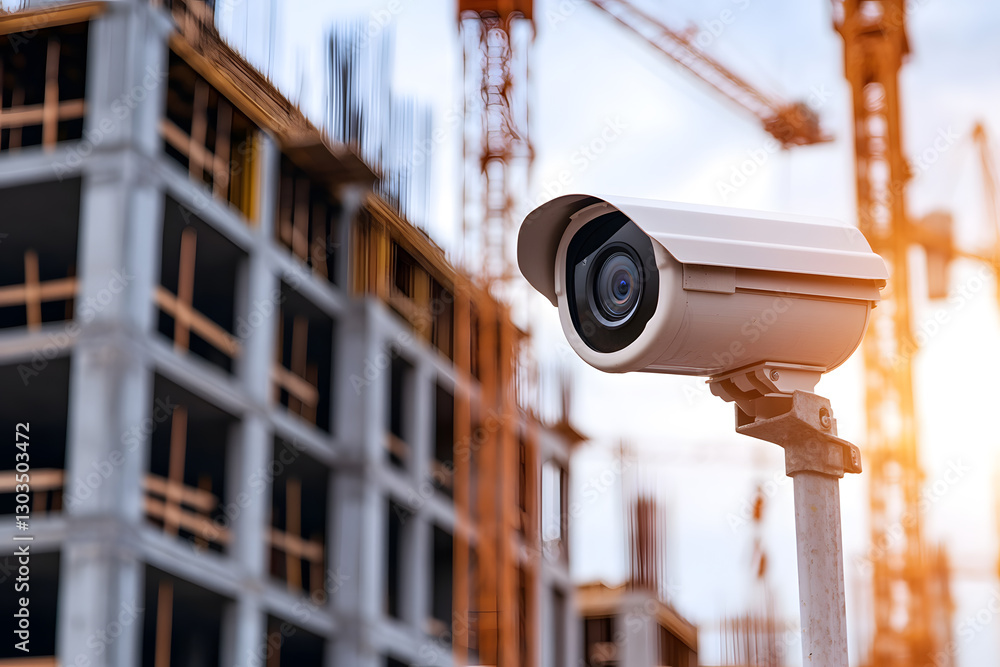 Poster security camera monitoring a construction site, ensuring safety and progress with cranes and buildin