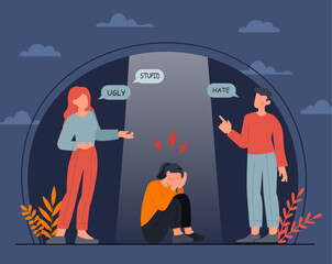 Woman suffer from bullying. Teenagers abuses young girl. Suffer from insults and bullying. Negative feelings and emotions. Mental and psychological trauma. Flat vector illustration