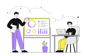 Business analysis in office. Two men with graphs and charts, diagrams. Work with statistics and infographics. Analysts conduct marketing research. Linear vector illustration
