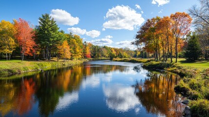Obraz premium Vibrant autumn trees reflected in a still river, creating a breathtaking seasonal landscape.
