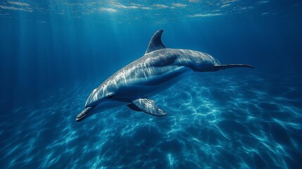 Fototapeta premium A deep-sea shot of a dolphin gracefully diving into the ocean abyss surrounded by a tranquil blue expanse. Generative AI