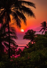 stunning vibrant tropical sunset framed lush foliage creating exquisite tropical scene, orange, red, clouds, golden, light, view, nature, plant, exotic