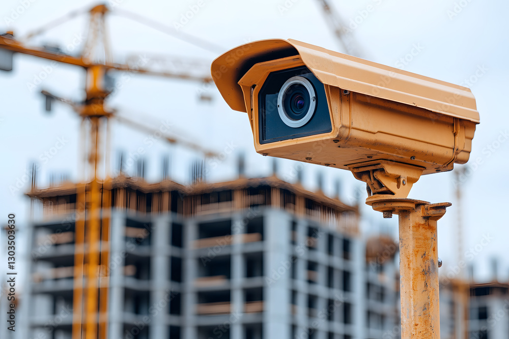 Poster security camera monitors construction site. yellow camera stands tall in front of a building under c