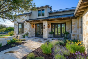 Fototapeta premium Elegant modern farmhouse exterior showcasing beautiful landscaping under a clear blue sky in a tranquil rural setting with vibrant flowers during golden hour