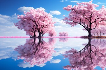 Tranquil spring landscape with cherry blossoms in bloom and a reflective river under a clear sky