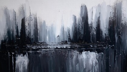 monochrome abstract cityscape painting with vertical brushstrokes, textured black and white skyline, modern urban wall art

