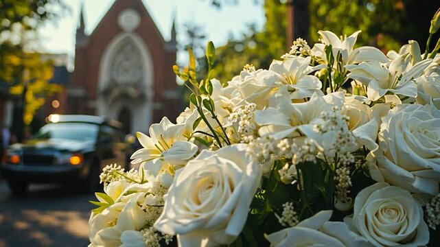 Funeral Service: White Roses and Hearse at Chapel