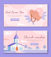 Christian banners set. Hands with red beads, church. Religion, faith and belief. Place of worship. Landing page design. Flat vector collection