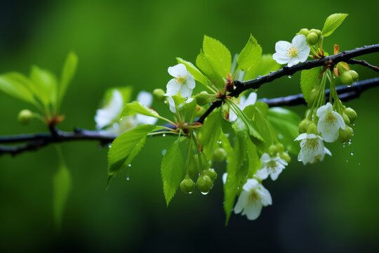 Close up of fresh green buds and blossoms on branches with glistening raindrops after spring rain