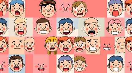 Emotion Mosaic: A vibrant mosaic composed of illustrated faces displaying a spectrum of human emotions