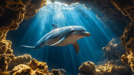 A dolphin swimming through an illuminated underwater cave with sun rays and tranquil surroundings. Generative AI