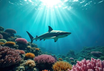 majestic shark fin rising from vibrant coral reef teeming colorful marine life, underwater, ocean, fish, tropical, species, ecosystem, habitat, aquatic