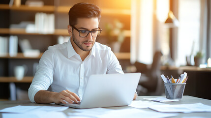 Focused young man working on laptop in modern office, surrounded by papers and stationery. warm sunlight creates productive atmosphere