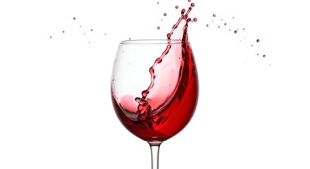 A crystal-clear wine glass filled with deep ruby red wine, mid-motion splash creating a dynamic and elegant wave