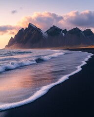 Naklejka premium Mystic Mountain Shore: The dramatic mountain range, a blend of rugged peaks and soft, pastel-colored clouds reflecting in the twilight of a beach where the ocean whispers secrets.