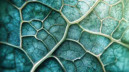 Close-up of a detailed leaf structure showing veins and cells, symbolizing nature's intricate design, life, and the process of photosynthesis.