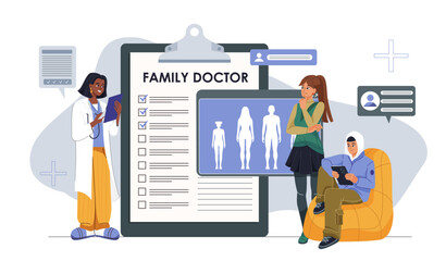 Family doctor concept. Woman in medical uniform consult mother with son. Psychologist with patients. Healthcare and medicine. Pediatrician with boy. Flat vector illustration