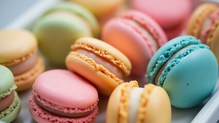 Fototapeta premium A delightful array of colorful macarons, beautifully presented in an aesthetically pleasing pattern, showcasing intricate details of both the smoo, ultra detailed, 8k resolution, HDR, professional