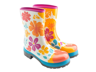 Colorful floral rain boots isolated on black background