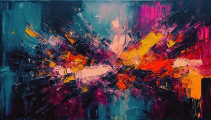 dynamic explosion of vibrant colors in abstract oil painting with textured brushstrokes, perfect for modern wall decor

