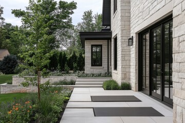 Fototapeta premium Beautiful modern house exterior with stone walls, landscaped garden, and elegant patios highlighting the peaceful outdoor living space during a sunny afternoon