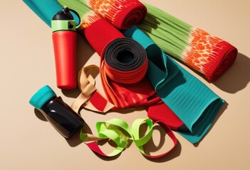vibrant dynamic flat lay composition featuring diverse fitness gear accessories apparel hydration towels equipment, activewear, athletic, wear, bands