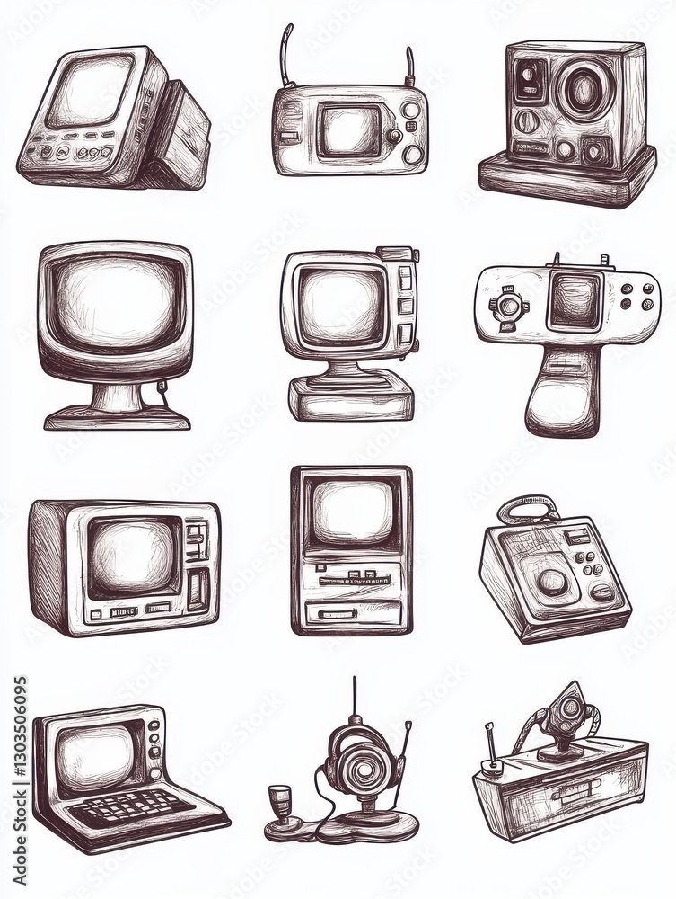 Poster technology sketch icon set for web, mobile and infographics. hand drawn technology icon set. technol