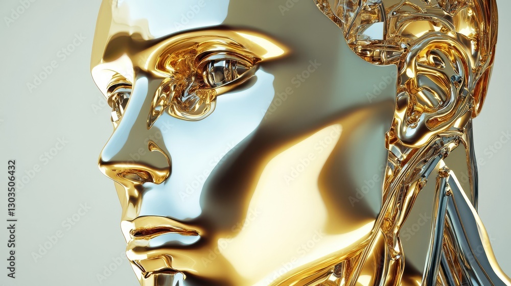 Poster character gold head man stylized metallic polished. iron humanoid robot cyborg android contrast refl