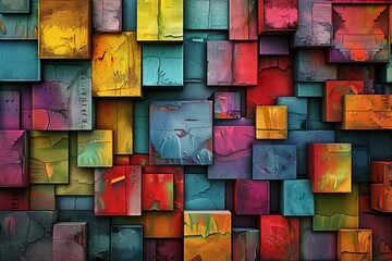 A mosaic of colorful geometric patterns and abstract squares, interwoven in a futuristic 3D design