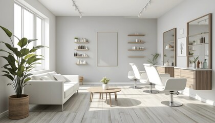 Fototapeta premium Minimalist Hair Salon with Modular Sofa and Rectangular Mirrors